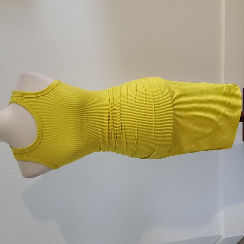 ANISTAR yellow ribbed midi dress with size ruching and side slits size XS